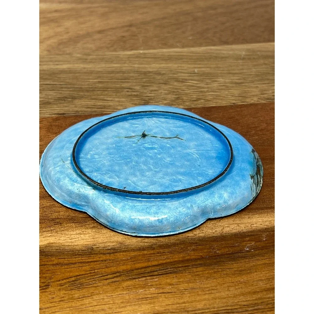 Vintage Cloisonne Teacup Saucer Blue Floral Metal‎ Trinket Dish